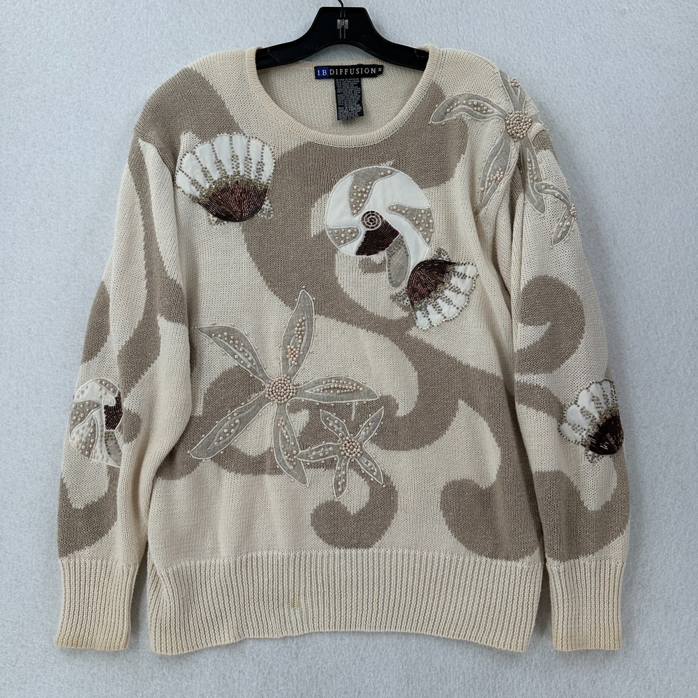 VTG 80s 90s IB Diffusion Womens Sweater Beaded‎ Pearls Shells Starfish MEDIUM